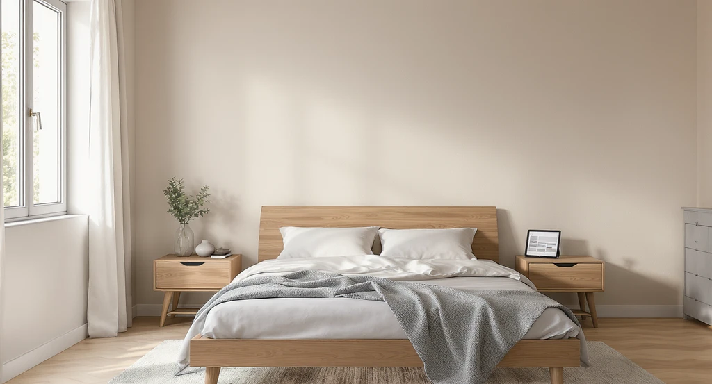 Modern bedroom with soft beige walls, matching wood finishes, and minimal decor, alongside a tablet displaying a reference photo for texture and color copying.