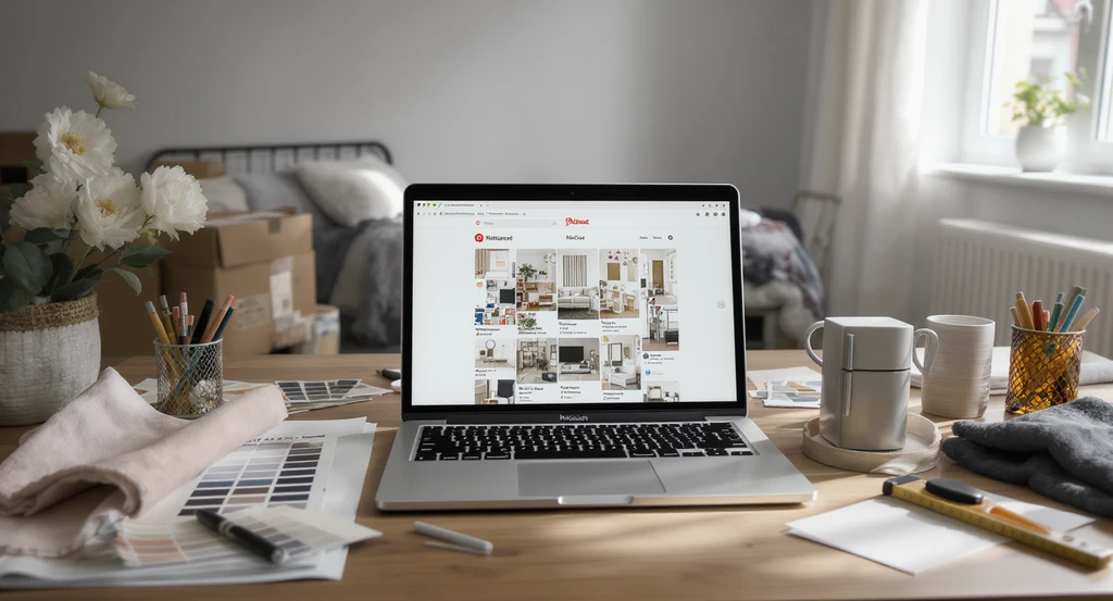 Photorealistic bedroom redesign scene showing a laptop with a mood board, printed reference photos, paint swatches, fabric samples, and a mini fridge in the wardrobe to guide furniture placement and color matching choices.