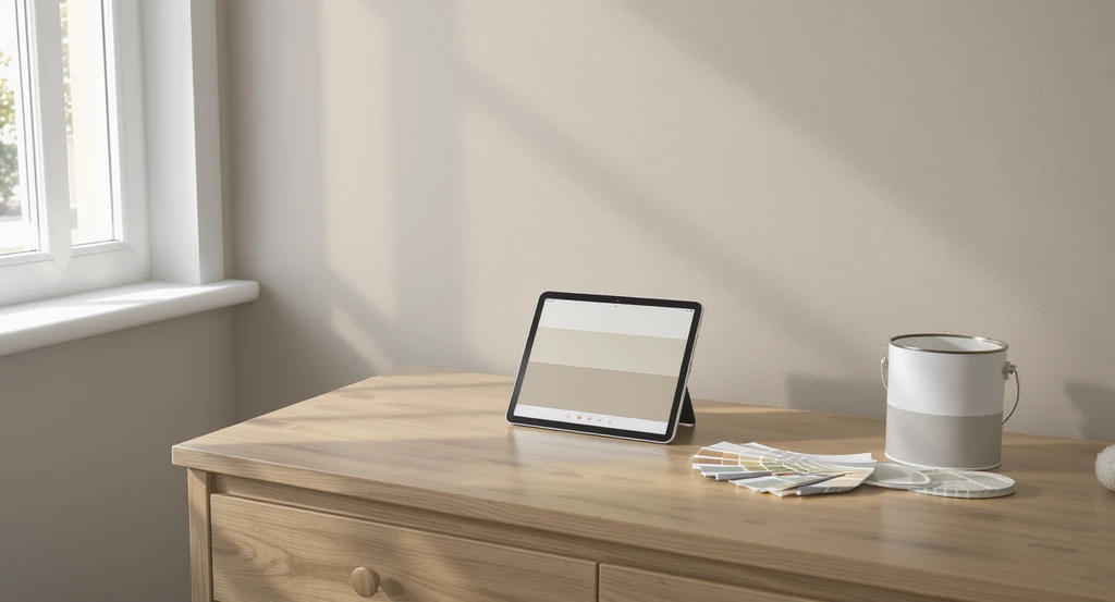 Bedroom interior showing a painted accent wall matching the color seen in a reference photo on a tablet, with paint samples and tools nearby for matching paint colors in a bedroom redesign.