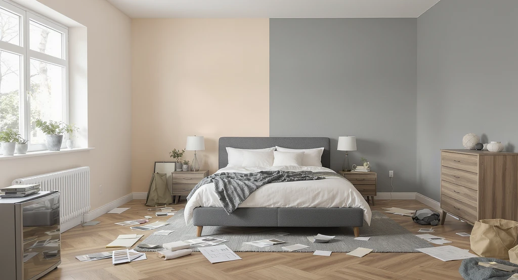 A realistic bedroom redesign scene showing paint color samples on the wall, layout plans, a mini fridge in a wardrobe, and furniture fit solutions.