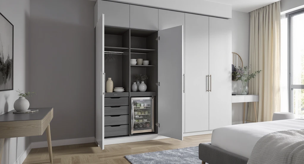 Modern bedroom showing how to determine furniture fit in a redesign, with a minibar, fridge, and safe integrated in a wardrobe, illustrating practical storage solutions.