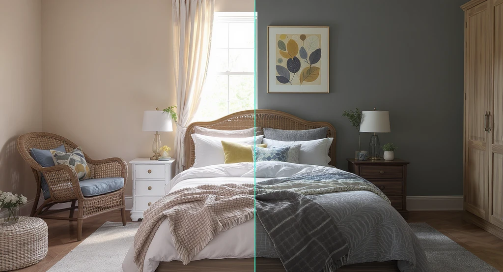 Realistic bedroom redesign showing consistent furniture placement with updated wall color and new decor, illustrating how to determine furniture fit and match paint colors using a reference photo.