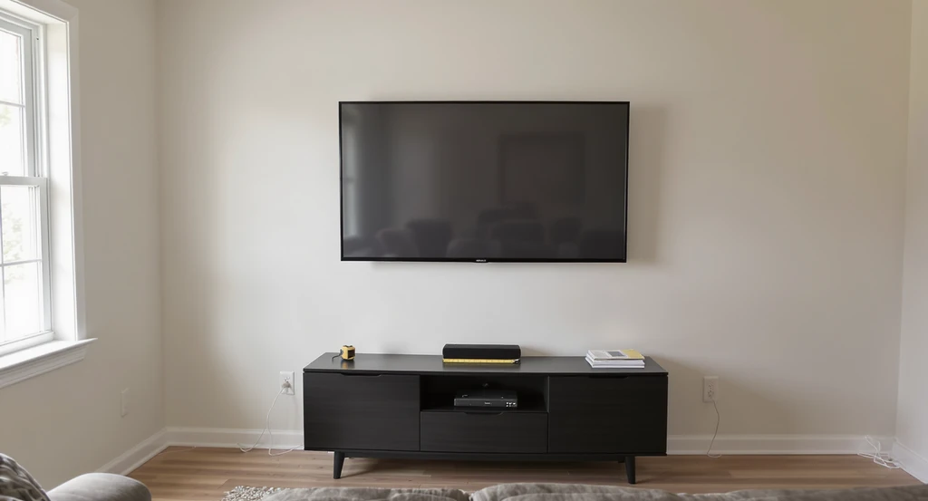Blank living room wall with a wall-mounted TV and basic media console, illustrating creative ways to furnish an empty living room and plan a fireplace feature wall.