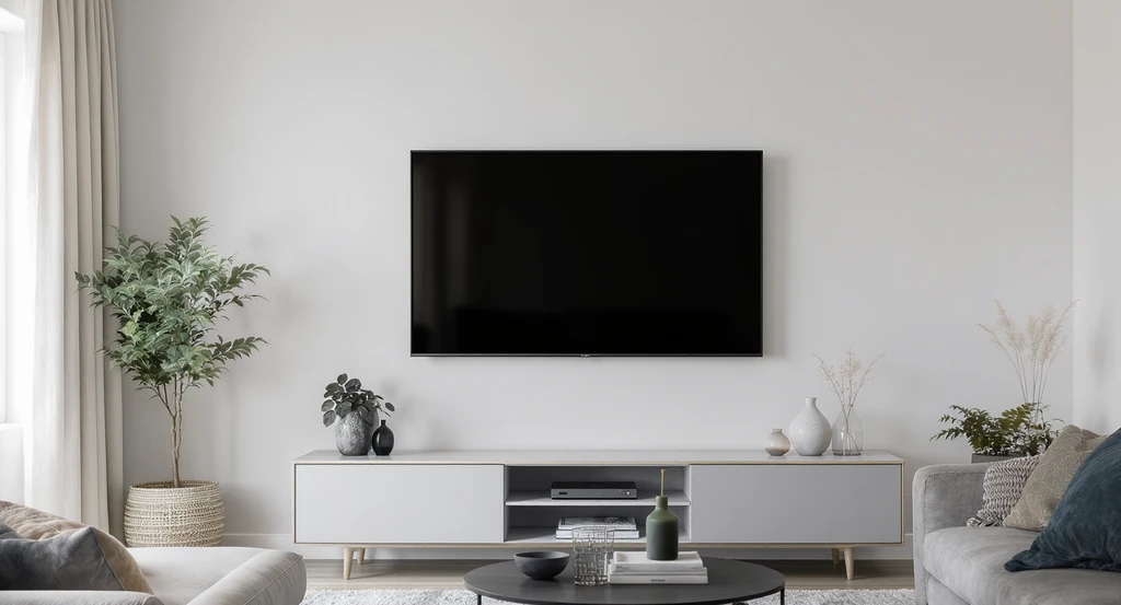 Modern living room with a built-in fireplace, large wall art, and floating shelves for storage, showing affordable ways to furnish an empty living room wall and design a stylish feature.