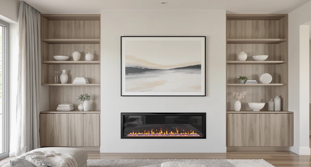 Modern living room wall featuring a landscape art piece replacing a TV, with a built-in fireplace, floating shelves, and storage cabinets framing the feature area to illustrate how to furnish an empty living room using wall art, fireplace design, and functional shelving. No people are present.