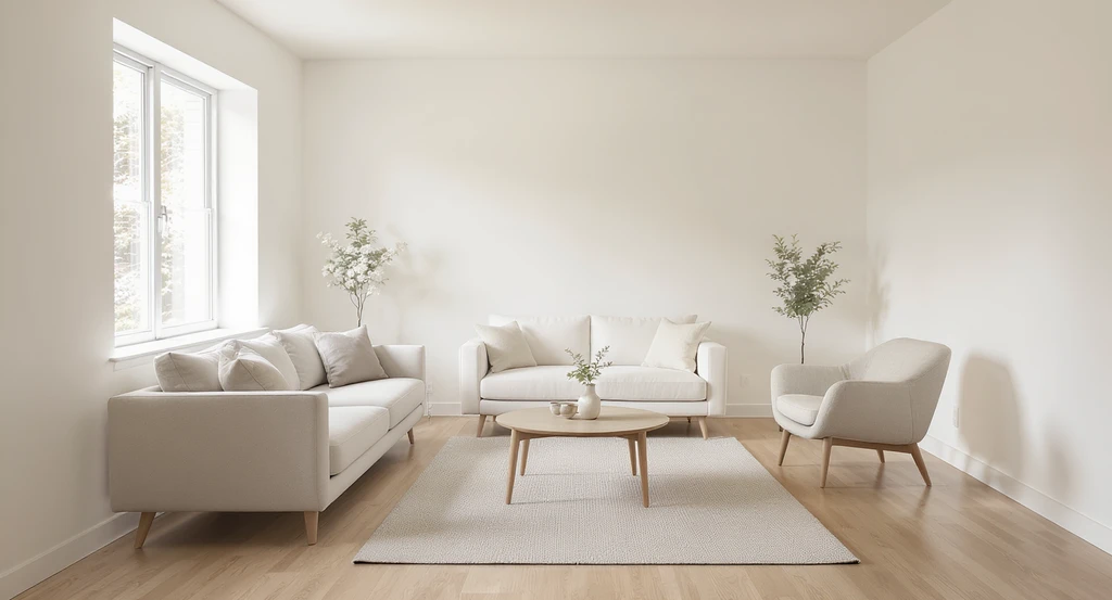 Minimalist living room staged with ai tools: three neutral furnishings, open floors, uncluttered layout, showcasing minimal home staging trends.