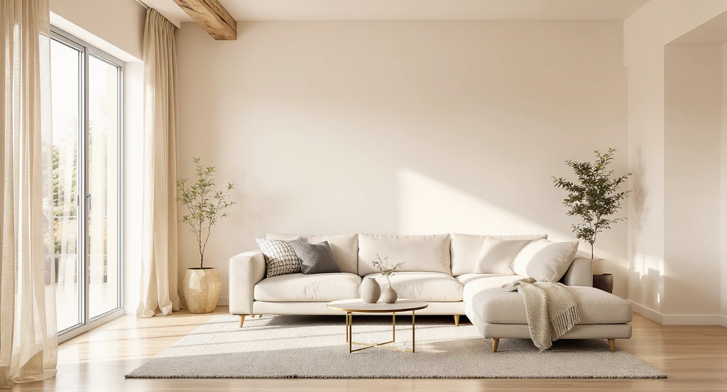 Minimal living room staged with ai tools for real estate photography, featuring natural light, clear surfaces, and warm minimalist textures.