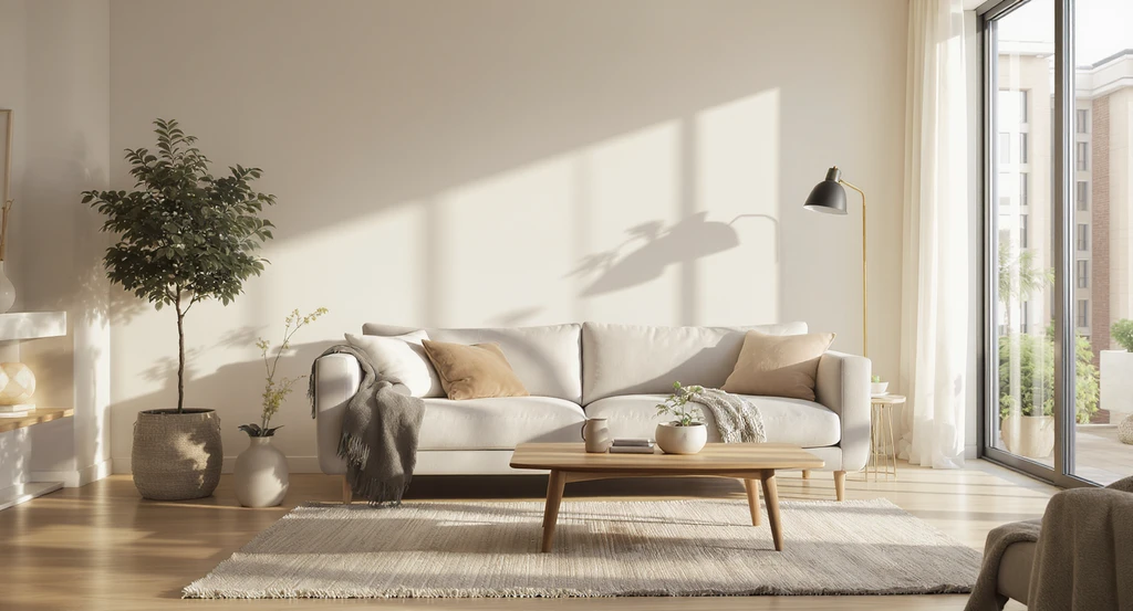 Photo-realistic, sunlit living room with minimal home staging—neutral sofa, wooden coffee table, green plant, and warm minimalism, as visualized by AI tools.