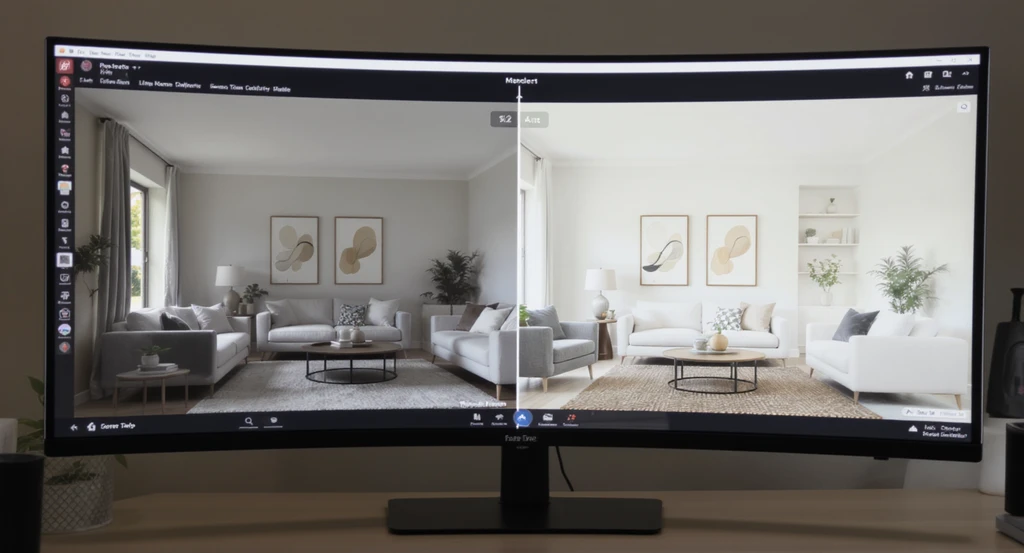 AI tools for minimal home staging shown on a monitor, displaying how AI visualizes minimalist interiors with virtual decluttering and warm minimalism trends.