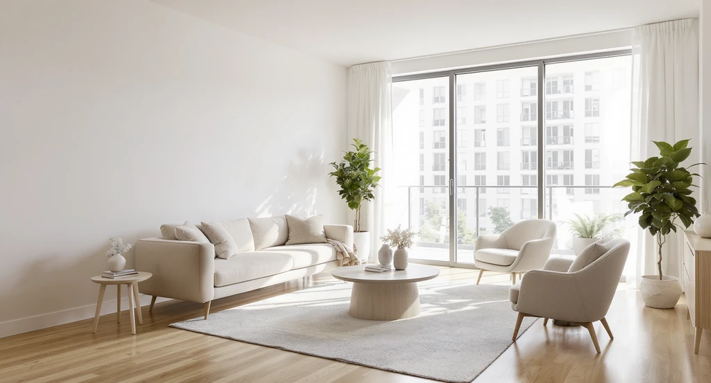 Minimal home staged living room with floated furniture, 50% floor exposed, abundant natural light, warm minimalist aesthetic created using ai tools for home staging and virtual staging ai for decluttered spaces.