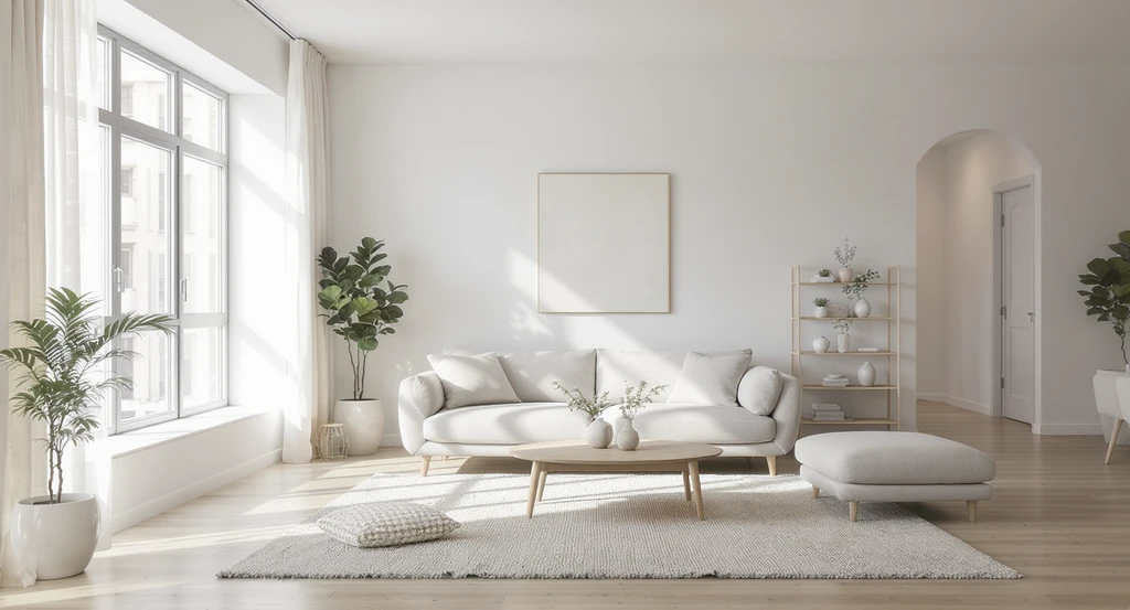 A photorealistic, editorial-style living room showcases minimal home staging with ai tools—ultra-modern, decluttered, calm, and functional. Warm minimalism trends blend with virtual staging ai, highlighting how ai visualizes minimalist interiors.
