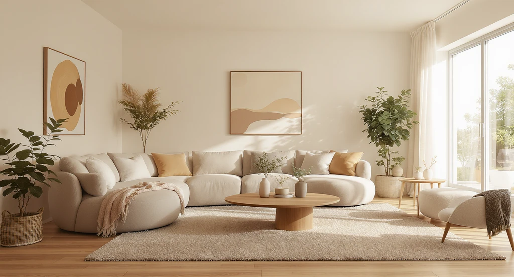 Soft modern open-concept living room with rounded furniture, warm neutral colors, minimalist kitchen, and styled bedroom nook for 2026 interior design.