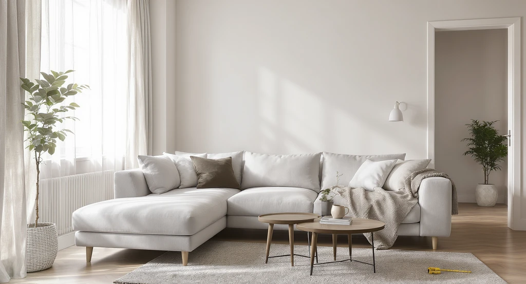 Soft modern living room with a large sectional sofa proportioned to the wall, clear 2-foot gap near a door swing, and measuring tape on the floor. Soft modern living room layout ideas and tips for choosing rounded furniture for apartments visible.