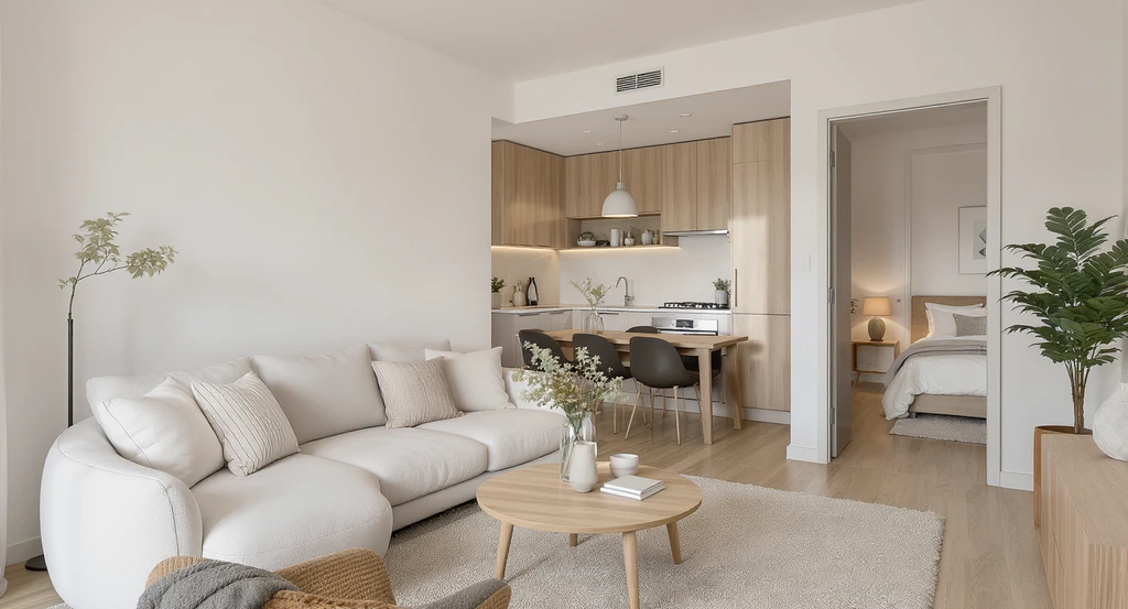 Open-plan soft modern living area with a rounded neutral sofa, minimalist kitchen in warm hues, and bedroom in gentle taupe and cream—showing best living room layout ideas, modern color choices, and staging tips for apartments in 2026.