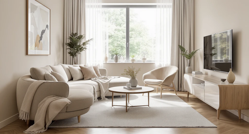 Soft modern living room layout with curved sofa, round coffee table, and smooth-edge furniture, ideal for apartments and staging with comfort-focused design.