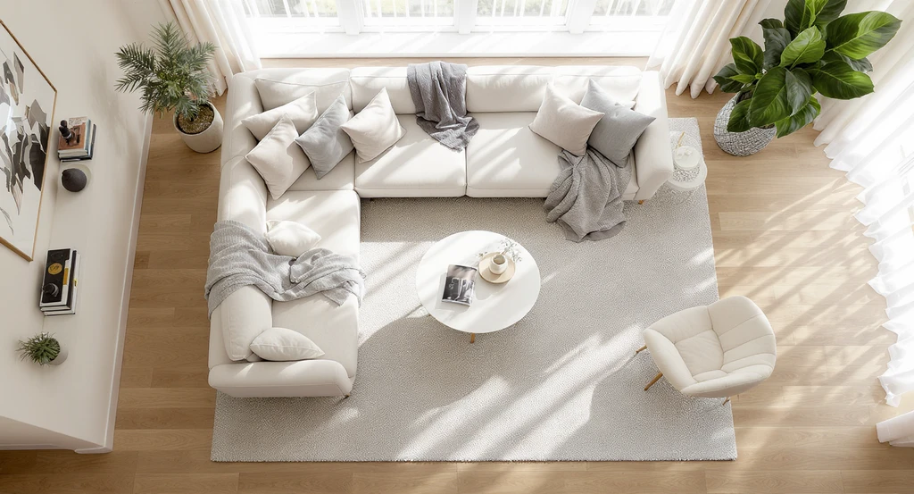 Overhead view of a soft modern living room layout idea with rounded furniture, wide clear walkways, visible flooring, and warm neutral tones, illustrating structured planning for minimalist spaces.