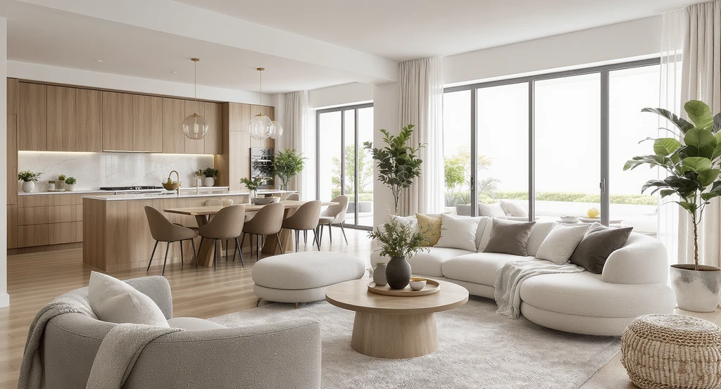 Soft modern living room and minimalist kitchen layout showing rounded furniture, warm neutrals, and clear sightlines for daily use and real estate staging.