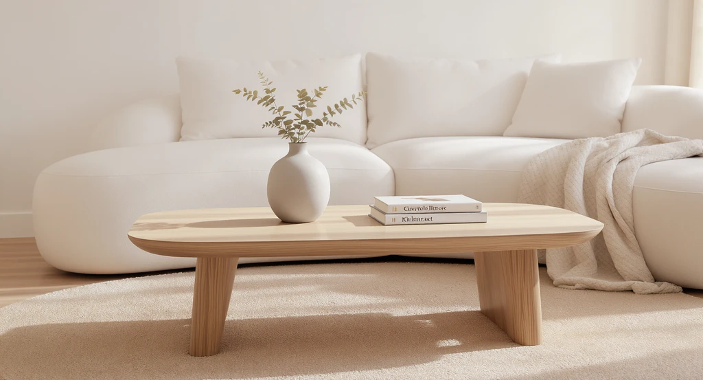 Soft modern living room layout ideas with boucle rug, rounded linen sofa, light wood coffee table, and minimal accessories in warm neutrals for refined depth.