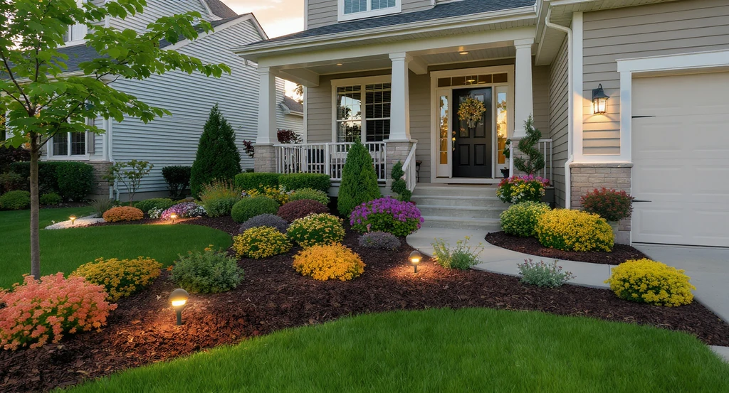 Photorealistic front yard of a modern home with professional landscaping, including fresh mulch, ornamental shrubs, stone walkway, and lush green lawn to increase home value.