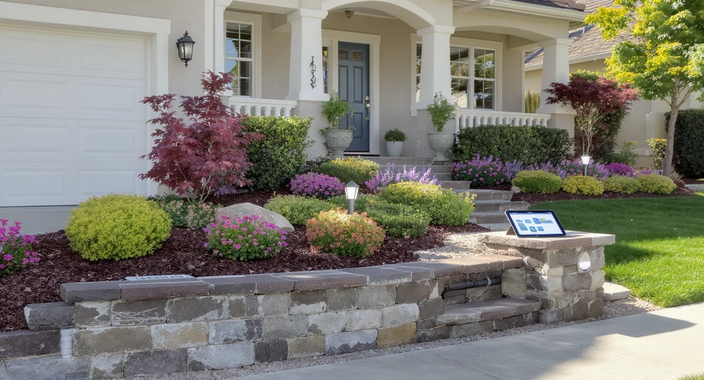 Front yard of a modern home with water-efficient landscaping, digital design tablet, smart irrigation, and tiered planting beds enhancing property value.