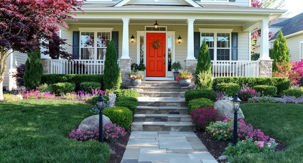Front yard with layered landscaping, framed walkway, bold front door, pathway lighting, and seasonal flowers to maximize curb appeal and home value.