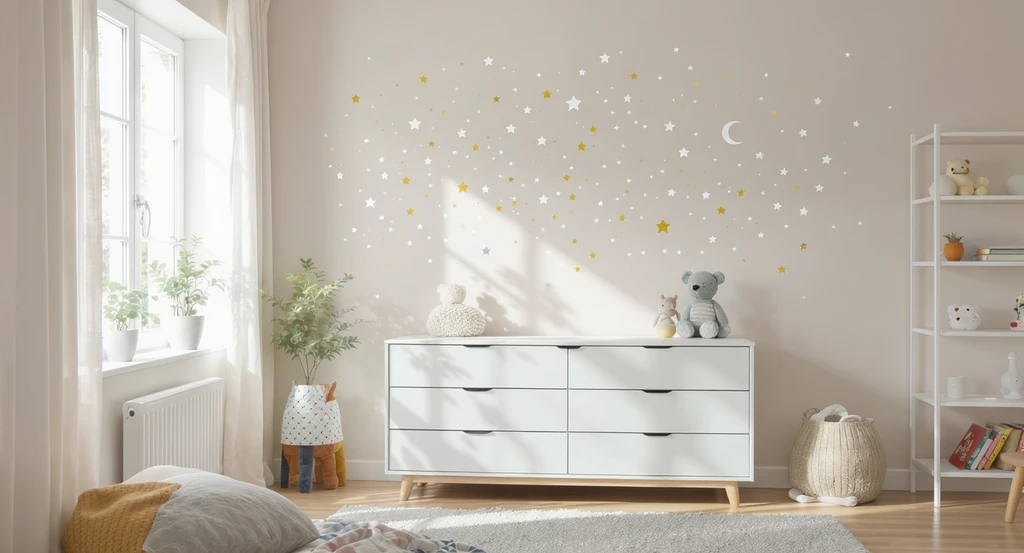 A modern kids' room featuring removable wall decals in playful stars, animals, and geometric shapes, showing an easy way to update bedroom decor.