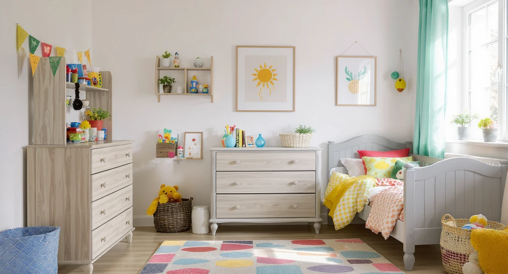 Photorealistic kids' bedroom with neutral white walls, solid-wood furniture, and colorful rug, art, and bedding for a timeless, adaptable space.