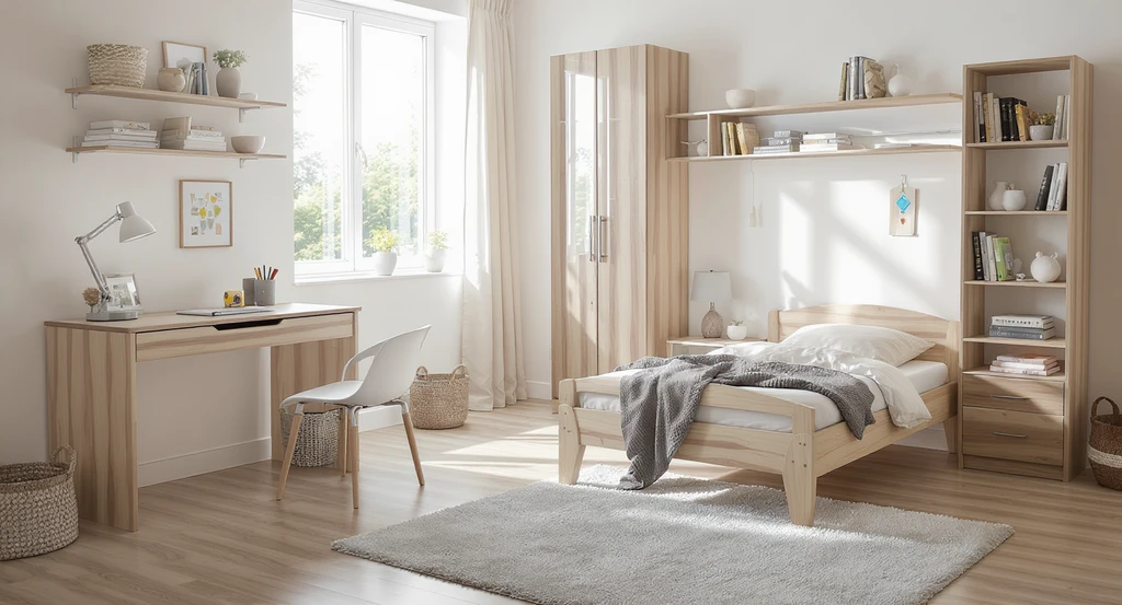 Adaptable kids' bedroom with adjustable desk, extendable bed, and modular bookshelves, all designed to grow from toddler to tween years.