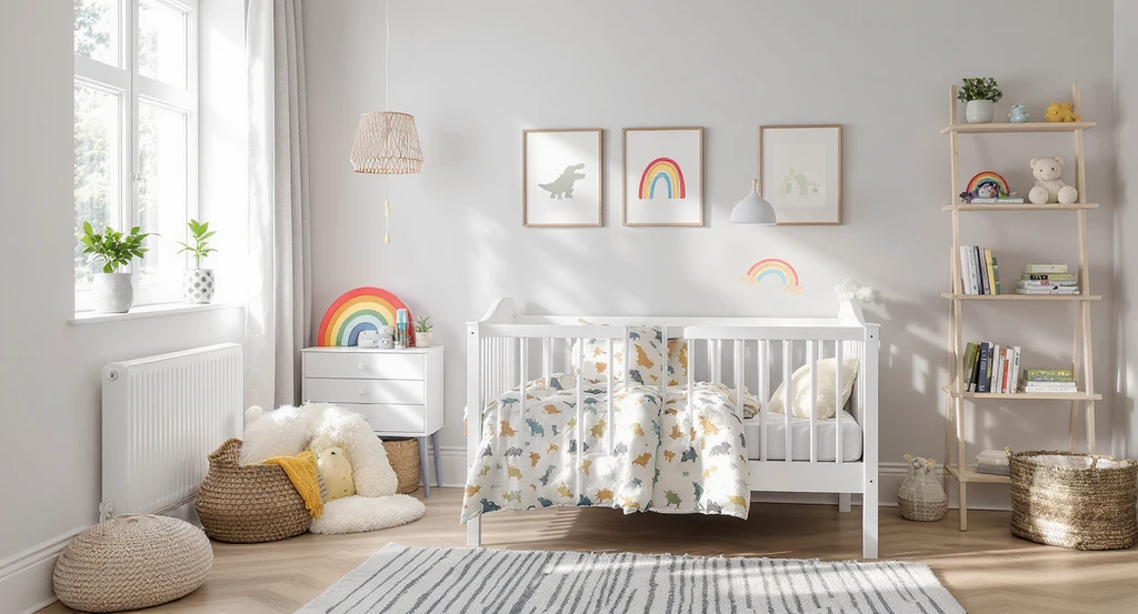 A modern kids’ bedroom with classic gray walls, white furniture, and playful dinosaur bedding, rainbow lamp, and themed wall art to illustrate adaptable kids’ room theming.