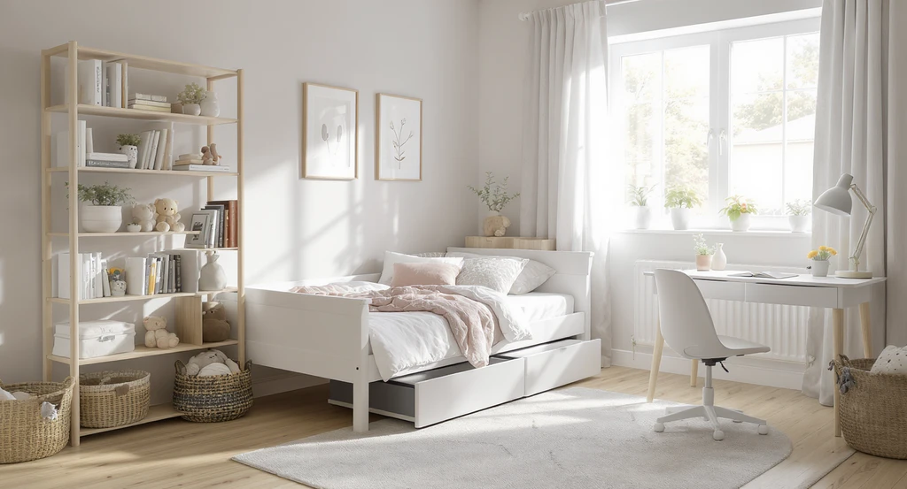 Modern kids' room with neutral colors, convertible bed, modular shelves, playful rug, and adaptable furniture, designed for long-lasting use.