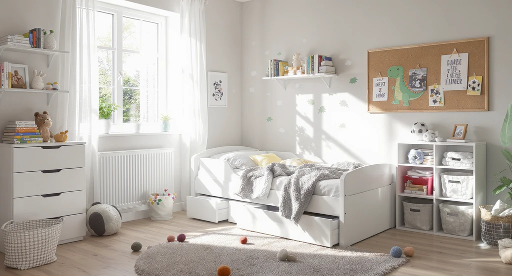 A bright, modern kids’ room with neutral walls, modular furniture, removable dinosaur decals, and adaptable decor highlighting a timeless, flexible kids’ bedroom design.