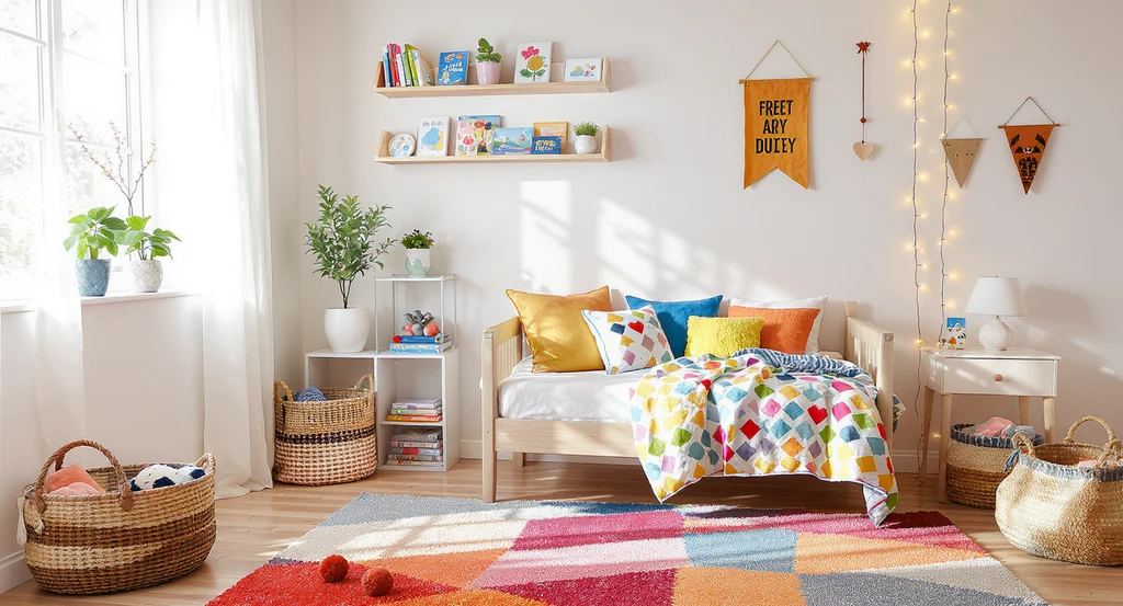 Kids' bedroom featuring a colorful rug, patterned multi-colored bedspread, playful pillows, wall banners, string lights, floating shelves with books, and framed artwork. Accessories reflect evolving style and personality while neutral furniture offers lasting flexibility in a timeless kid's room design.