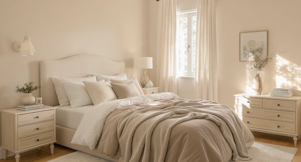 Neutral bedroom featuring warm beige walls, layered beige and off-white linen bedding, and soft off-white curtains illustrating tone-on-tone decorating.