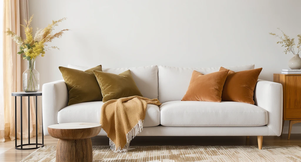 Neutral contemporary living room with olive green velvet cushion, rust-brown pillow, cotton accents, and black hardware for a layered, curated minimal look.