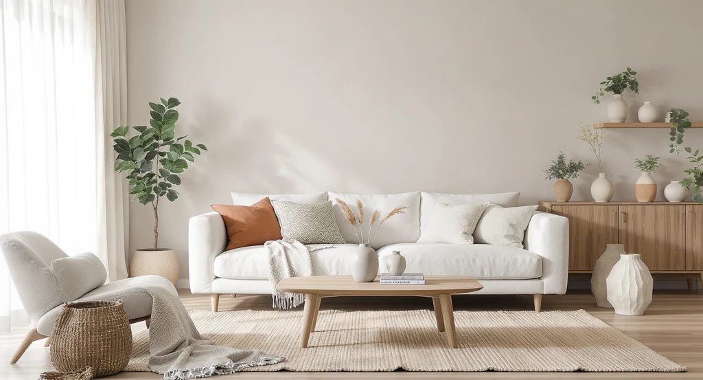 Modern neutral living room with subtle color, pattern, and texture—featuring organic-patterned cushions, a woven jute rug, and sustainable decor accents.