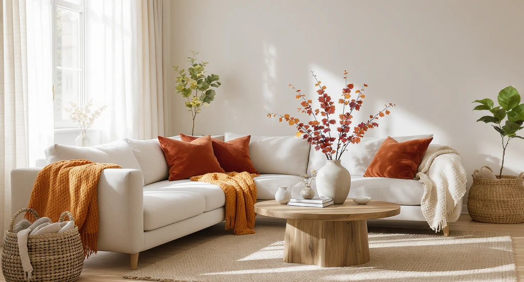 Neutral living room with rust cushions, autumn branches in a vase, linen sofa, and jute rug, illustrating subtle seasonal color and texture changes.