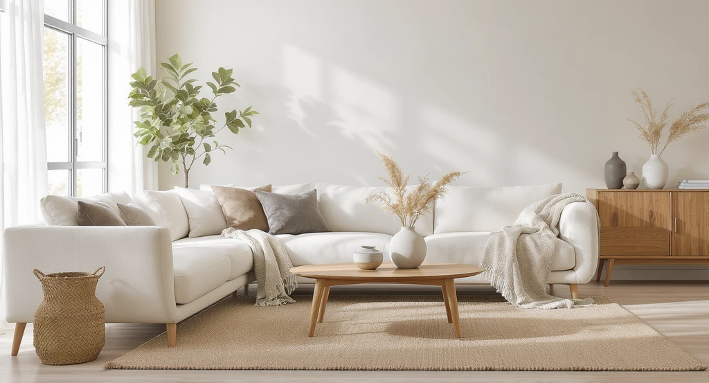 A minimalist living room featuring neutral tones, eco-friendly materials, subtle patterns, and textured accents, designed by The Pure Edit for sustainable style.