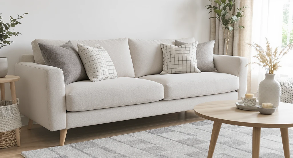 A neutral living room with a beige sofa, cushions featuring subtle stripes and checks, and a soft checked rug beneath a wooden coffee table.