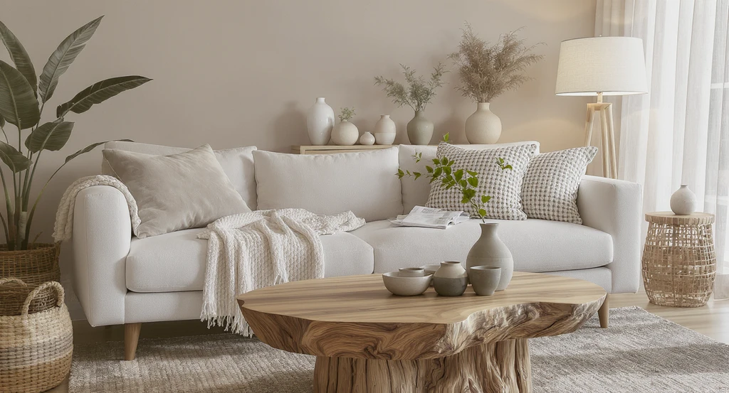 A serene living room showcases textured soft linens, velvet cushions, grainy wood, stoneware ceramics, and a paper lampshade for cozy, eco-friendly neutral decor.