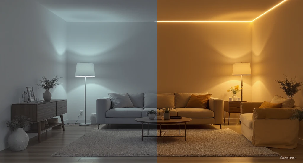 Living room split between cool overhead lighting and warm layered illumination, demonstrating how lighting sets the mood in interior design spaces.
