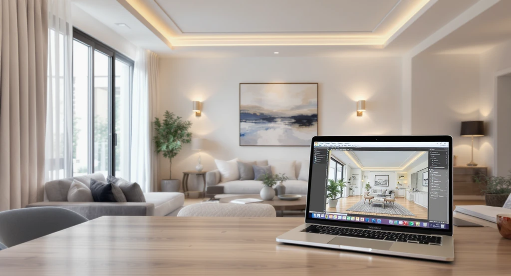 Modern living room showcasing integrated lighting design with natural light, recessed ceiling lights, wall sconces, and a laptop running lighting visualization software.