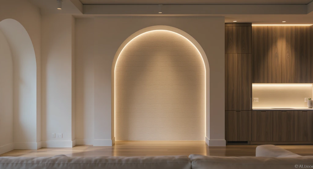 Living room showcasing how directed spotlights and cove lighting highlight an archway, textured wall, and custom cabinetry, enhancing interior design features.