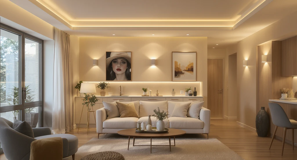 Modern living room and kitchen with layered lighting, showing ambient ceiling lights, task lighting on countertops, and accent lights on wall art.