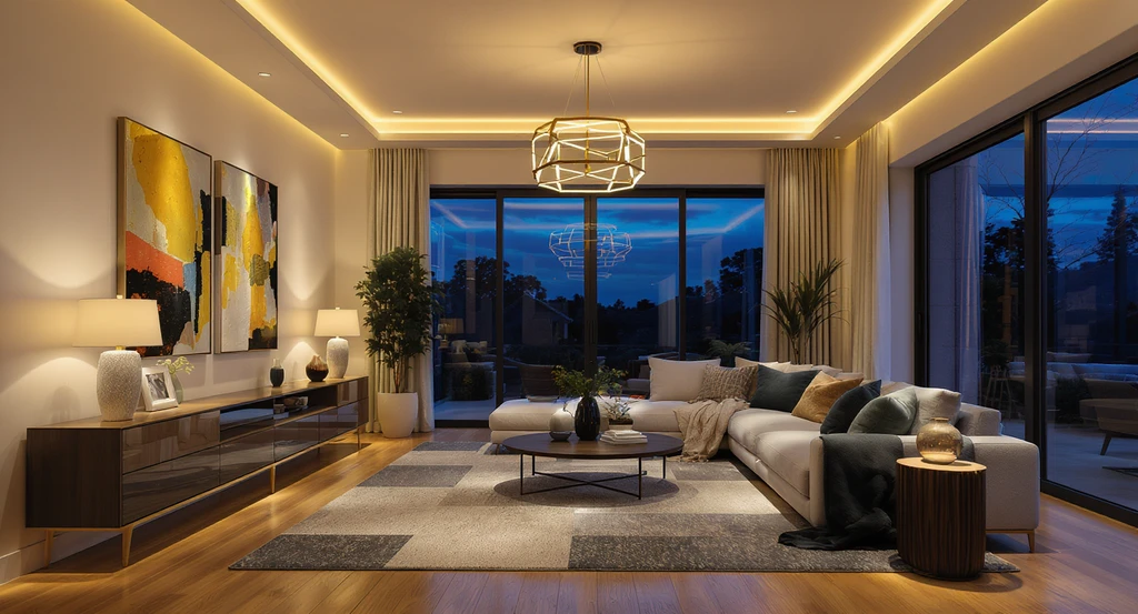 Modern living room with layered lighting including pendant, recessed, and accent lights, demonstrating how lighting transforms interior design and ambiance.