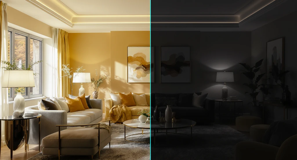 A designer living room with plush furniture and rich colors, showing a dramatic contrast between warm, layered lighting and cold, flat illumination to highlight lighting’s impact on interior design.