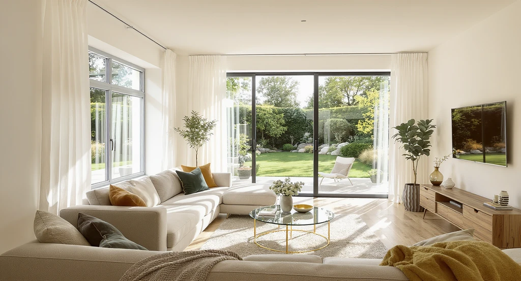 Sunlight pours through large windows and glass doors, illuminating a modern living room with white walls, wood floors, and reflective surfaces that maximize natural light.
