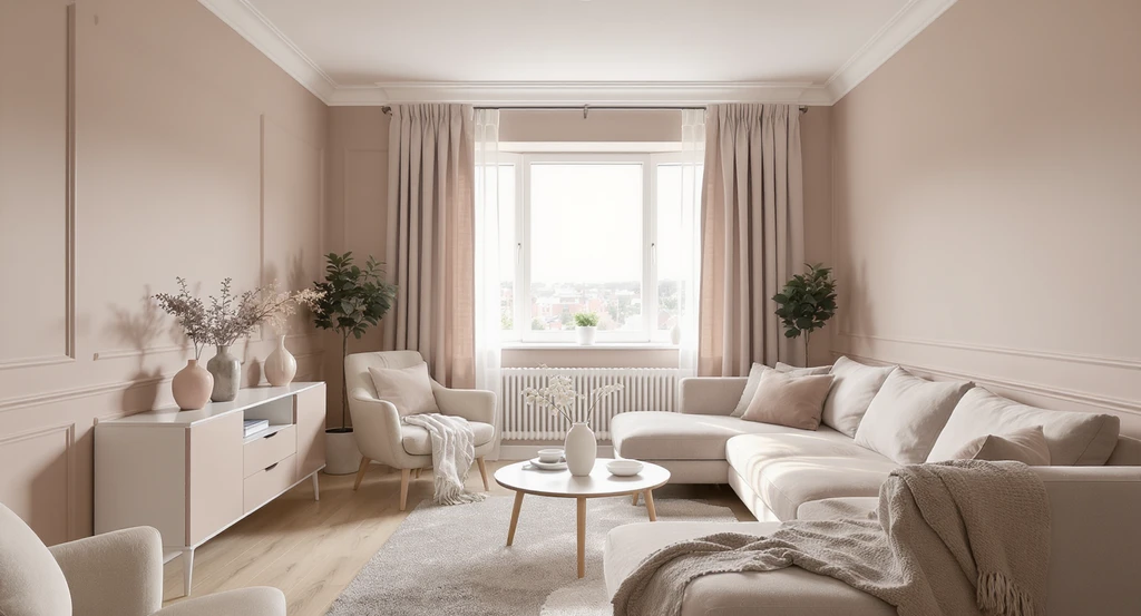 A small living room featuring a monochromatic taupe palette, with walls, ceiling, trim, and furniture in similar soft shades to create seamless visual continuity.