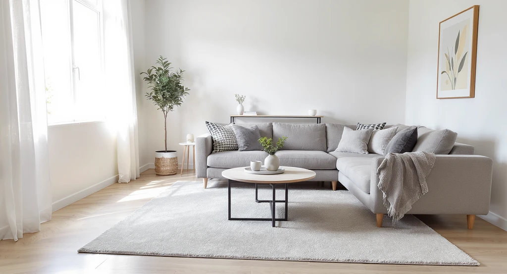 Small living room showcasing optimized furniture layout with sofa pulled off the wall, large area rug, clear walkways, and plenty of natural light.