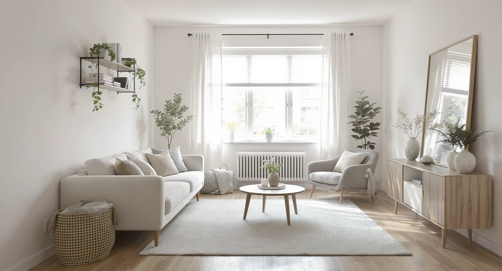 A small living room with neutral colors, minimal furniture, a large mirror, ample natural light, and smart layout to make the room look bigger.
