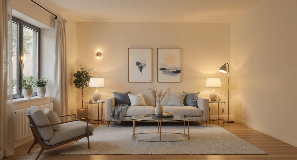 Layered lighting in a small modern living room featuring table lamps, wall sconce, floor lamp, and reflective surfaces to make the space look brighter and larger.